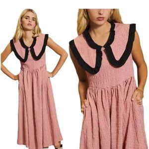 Chic Pink Gingham Maxi Dress with Black Trim